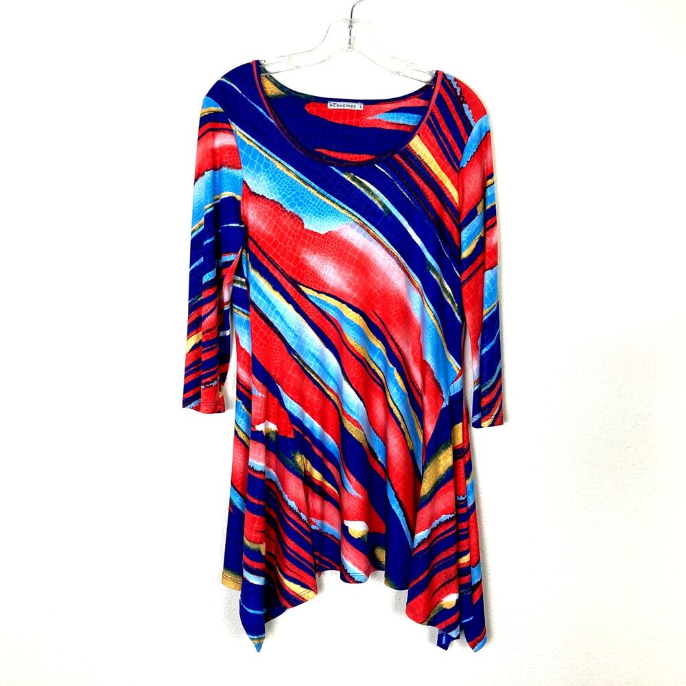 Mesmerize Long Tunic Top Size L Animal Print Stretchy Asymmetrical Artsy Boho